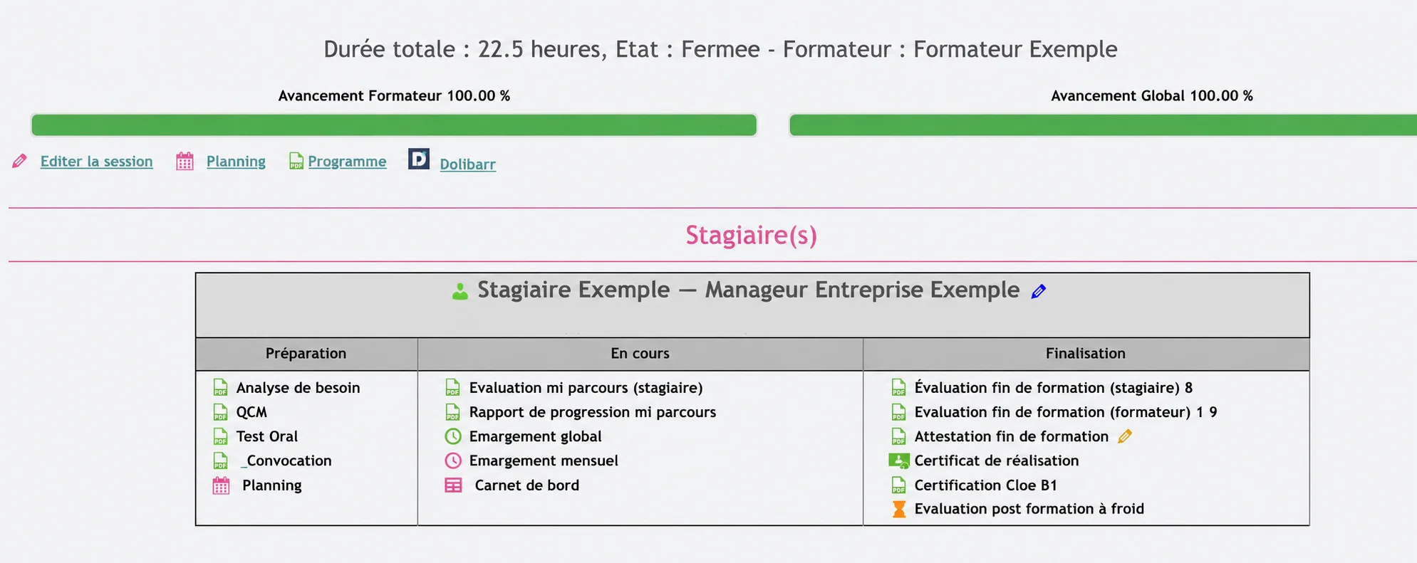 Anonymised administration view of a training file in OPTimum