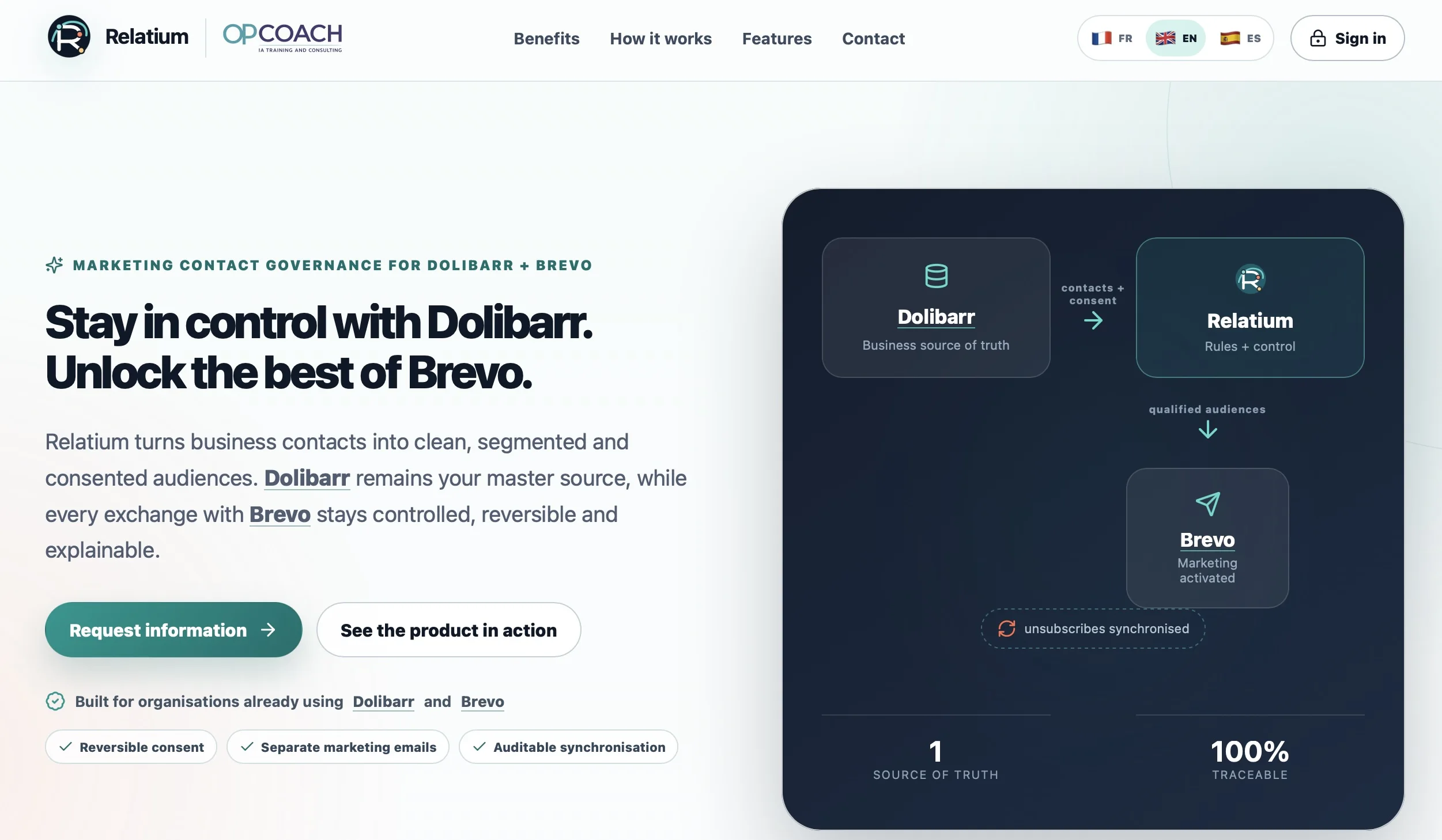 English Relatium home page presenting Dolibarr and Brevo contact governance