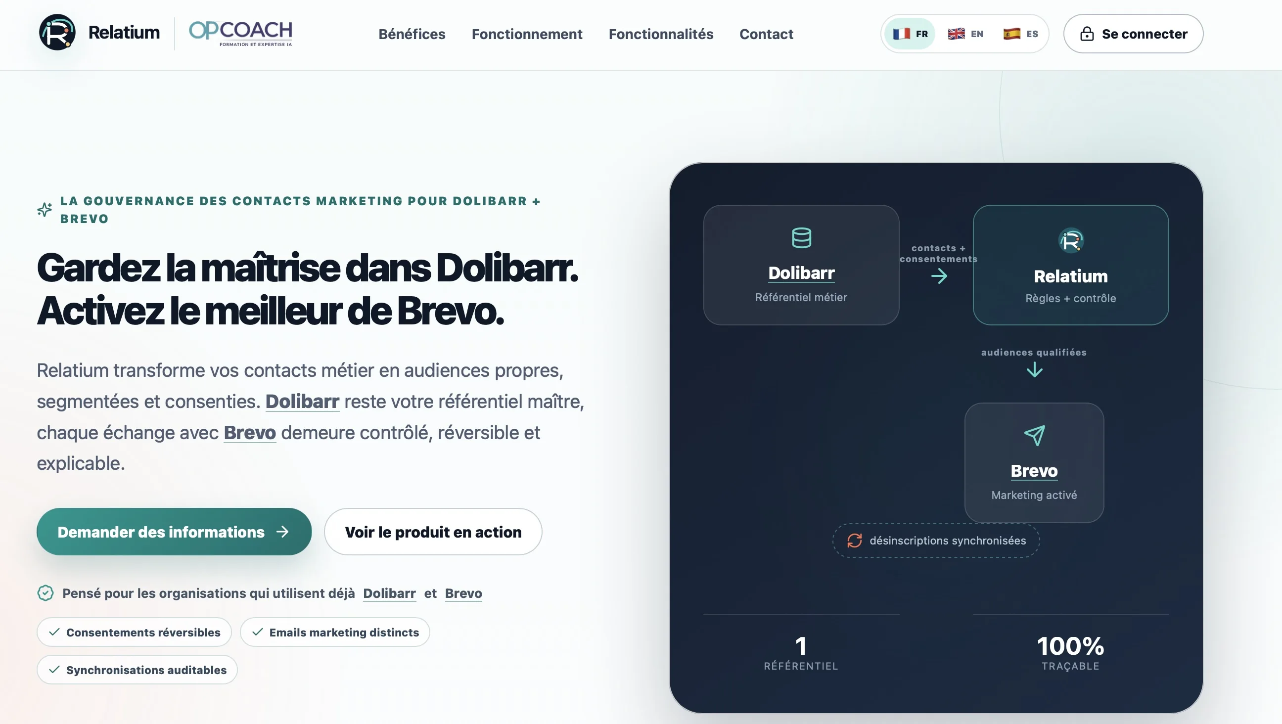 Page d’accueil française de Relatium présentant la gouvernance des contacts Dolibarr et Brevo