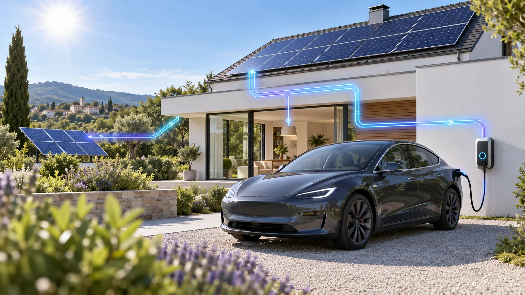 Illustration of an electric car being charged from surplus solar power